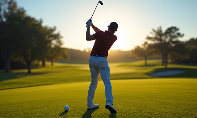 A golfer powerfully driving a ball from the tee box.