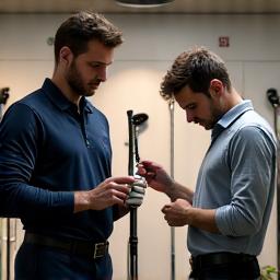 A golfer measuring a club, focusing on fitting.